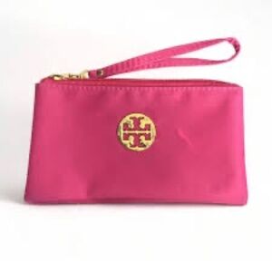 Tory Burch Pink Nylon Logo Wristlet Clutch Gold Medallion